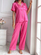 LuxeNights Casual Satin Pajamas With All Over Print And Lapel For Luxurious Lounging, Sleepwear Sets For Women, Leopard Print Pajama Set - Hot Pink