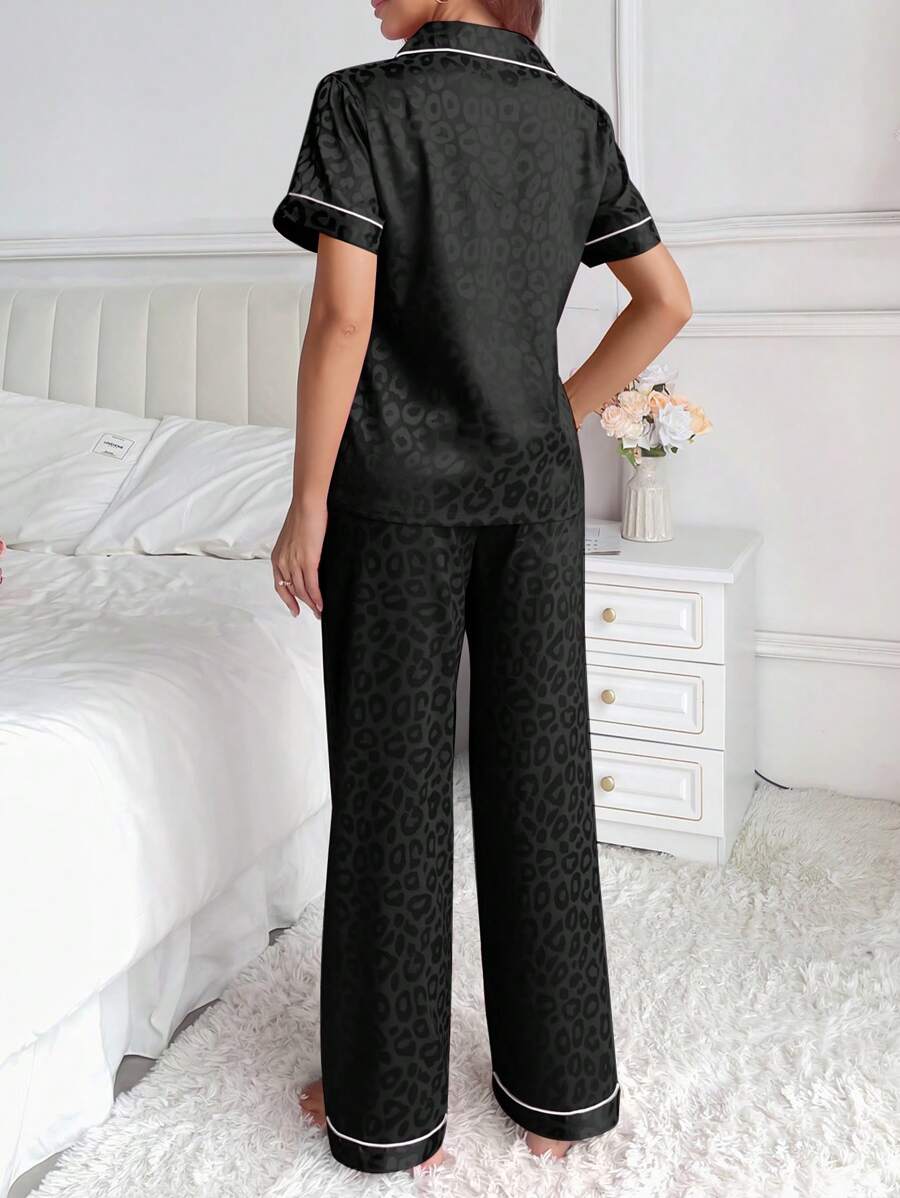 LuxeNights Casual Satin Pajamas With All Over Print And Lapel For Luxurious Lounging, Sleepwear Sets For Women, Leopard Print Pajama Set - Black with white