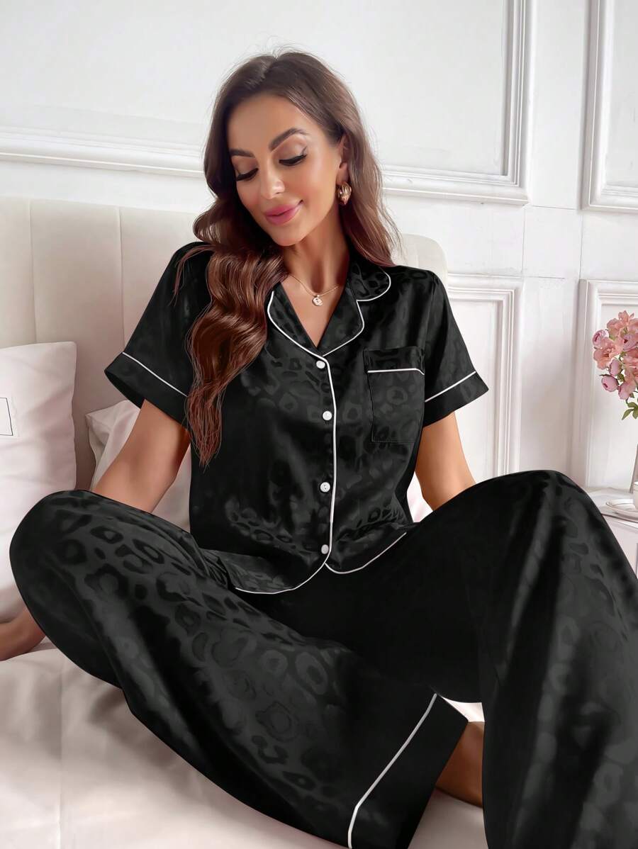 LuxeNights Casual Satin Pajamas With All Over Print And Lapel For Luxurious Lounging, Sleepwear Sets For Women, Leopard Print Pajama Set - Black with white