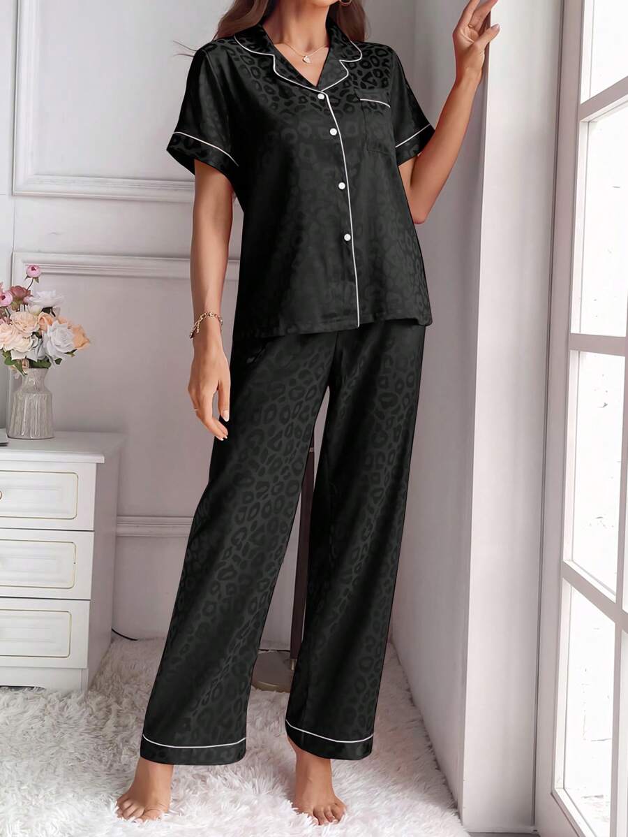 LuxeNights Casual Satin Pajamas With All Over Print And Lapel For Luxurious Lounging, Sleepwear Sets For Women, Leopard Print Pajama Set - Black with white