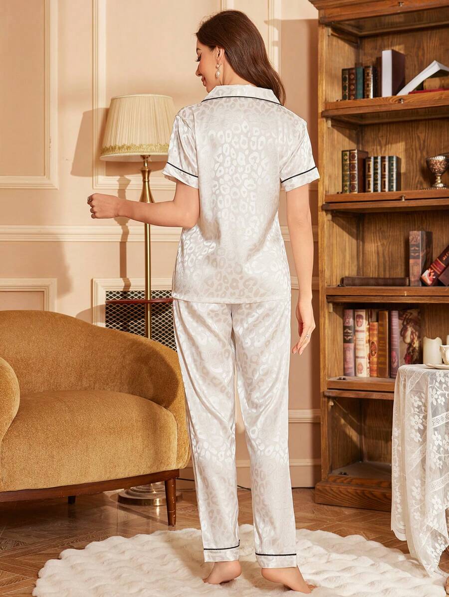 LuxeNights Casual Satin Pajamas With All Over Print And Lapel For Luxurious Lounging, Sleepwear Sets For Women, Leopard Print Pajama Set - White