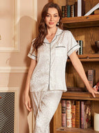 LuxeNights Casual Satin Pajamas With All Over Print And Lapel For Luxurious Lounging, Sleepwear Sets For Women, Leopard Print Pajama Set - White