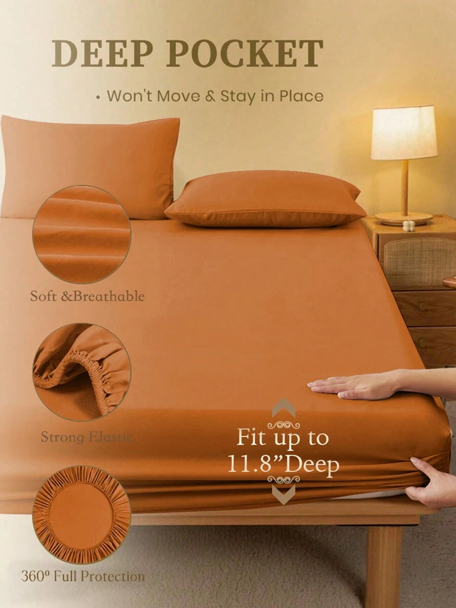 1pc Solid Color Fitted Sheet, Mattress Protector, Mattress Cover For Bed, Soft And Breathable, Deep Pocket Up To 11.8 Inch - Ginger