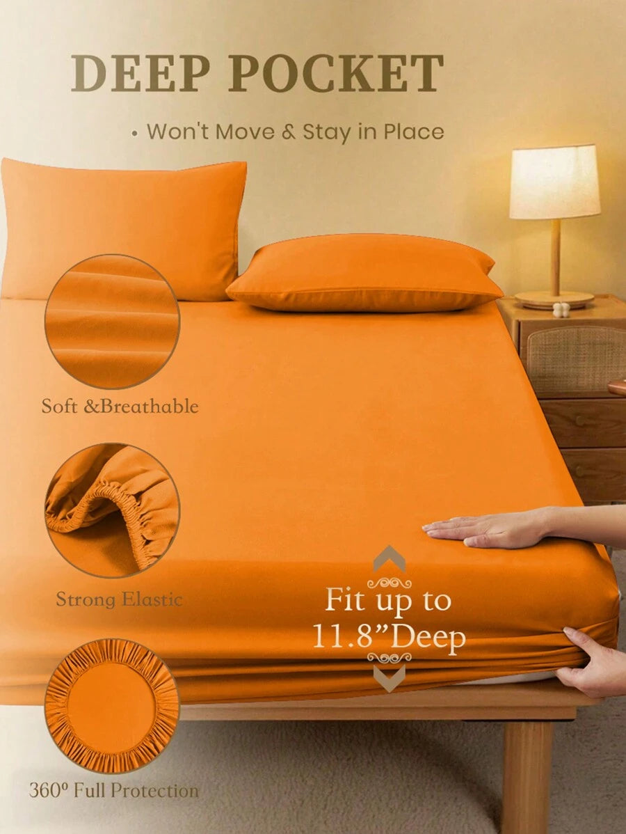 1pc Solid Color Fitted Sheet, Mattress Protector, Mattress Cover For Bed, Soft And Breathable, Deep Pocket Up To 11.8 Inch - Orange