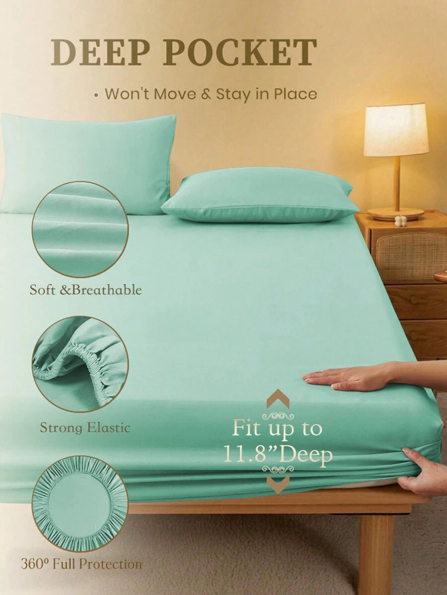 1pc Solid Color Fitted Sheet, Mattress Protector, Mattress Cover For Bed, Soft And Breathable, Deep Pocket Up To 11.8 Inch - Pastel Green