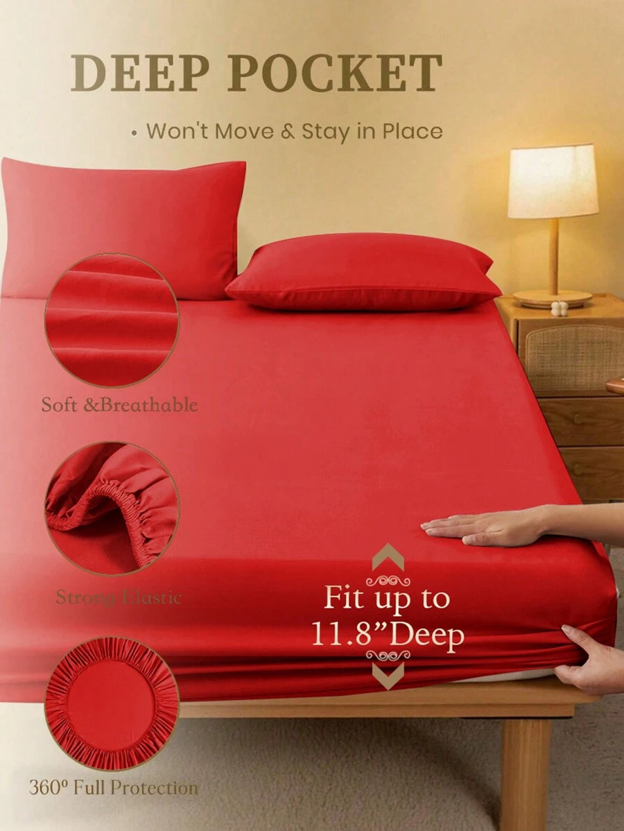 1pc Solid Color Fitted Sheet, Mattress Protector, Mattress Cover For Bed, Soft And Breathable, Deep Pocket Up To 11.8 Inch - Red