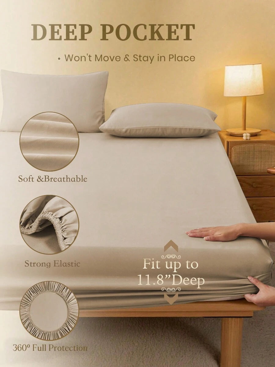 1pc Solid Color Fitted Sheet, Mattress Protector, Mattress Cover For Bed, Soft And Breathable, Deep Pocket Up To 11.8 Inch - Khaki