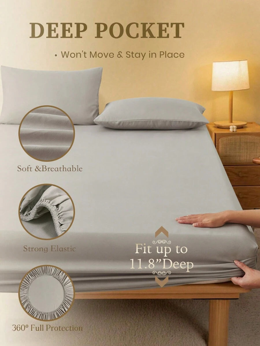 1pc Solid Color Fitted Sheet, Mattress Protector, Mattress Cover For Bed, Soft And Breathable, Deep Pocket Up To 11.8 Inch - Light Grey
