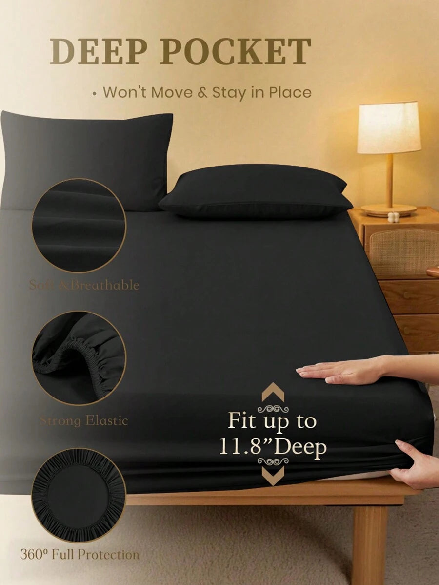 1pc Solid Color Fitted Sheet, Mattress Protector, Mattress Cover For Bed, Soft And Breathable, Deep Pocket Up To 11.8 Inch - Black