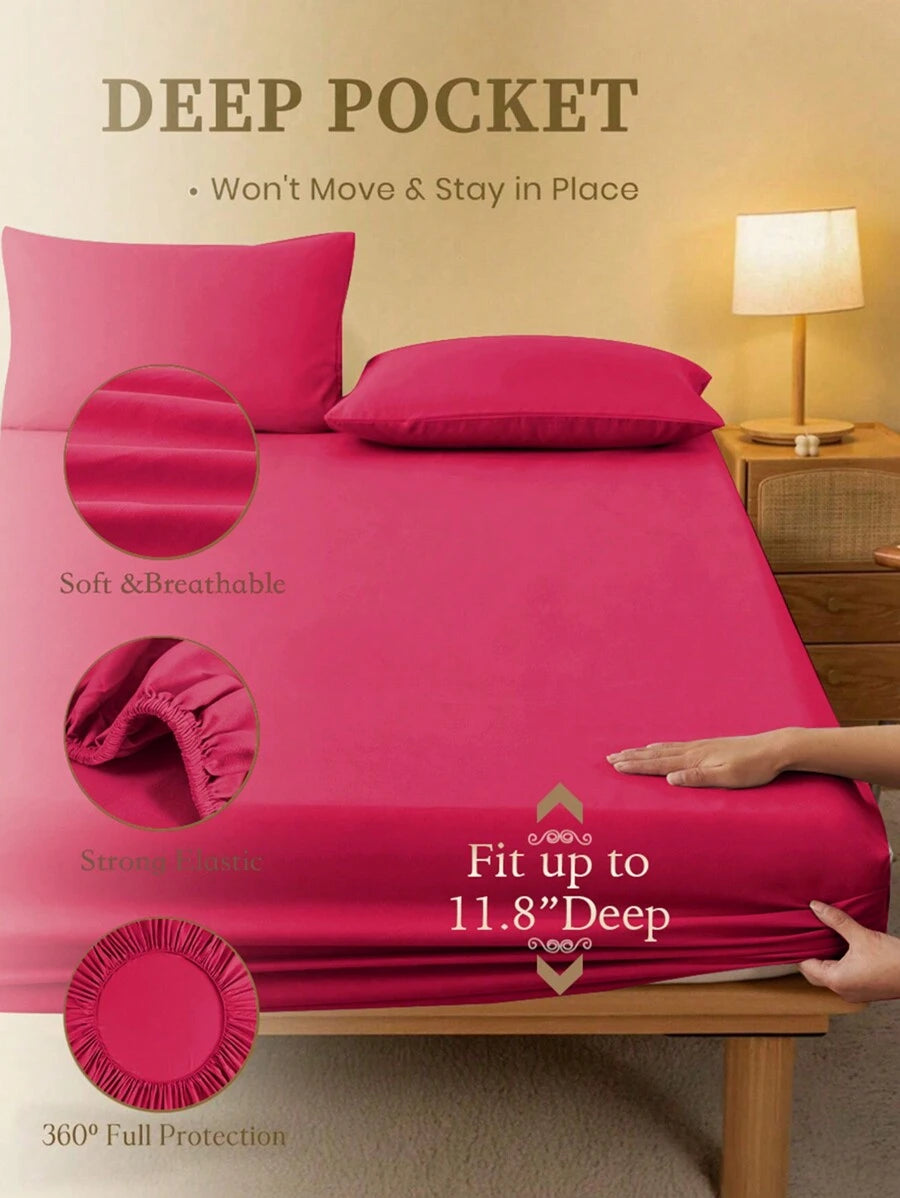 1pc Solid Color Fitted Sheet, Mattress Protector, Mattress Cover For Bed, Soft And Breathable, Deep Pocket Up To 11.8 Inch - Hot Pink