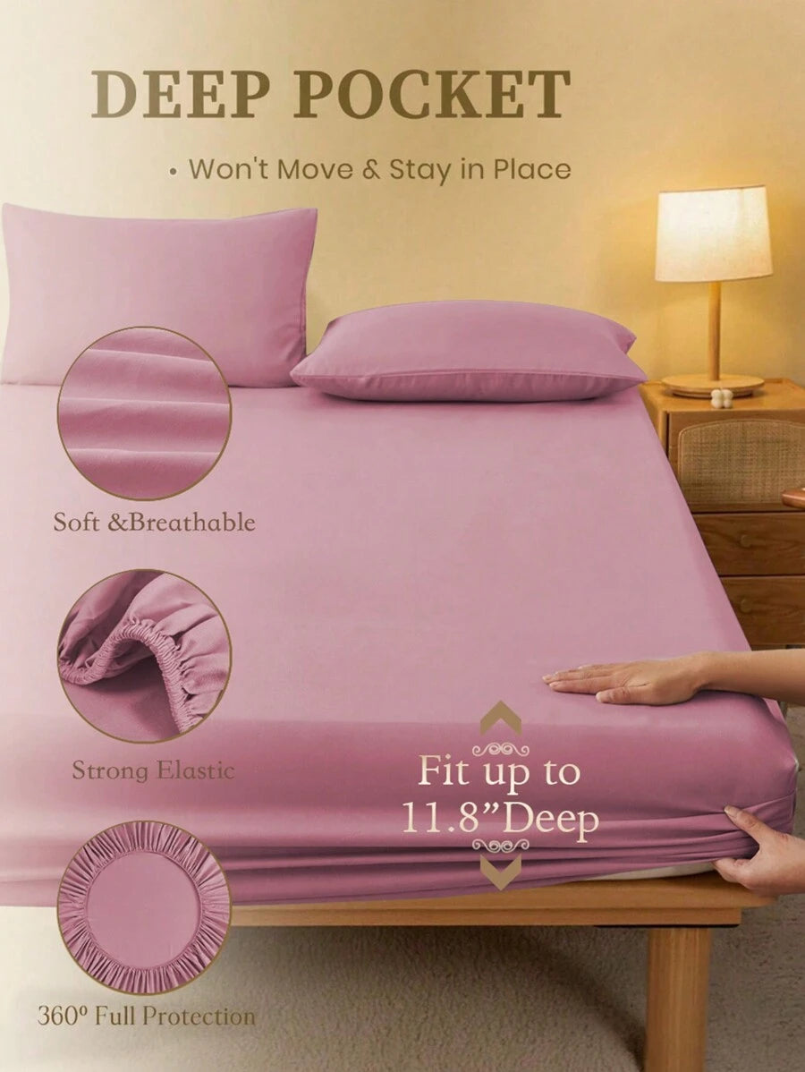1pc Solid Color Fitted Sheet, Mattress Protector, Mattress Cover For Bed, Soft And Breathable, Deep Pocket Up To 11.8 Inch - Dusty Pink