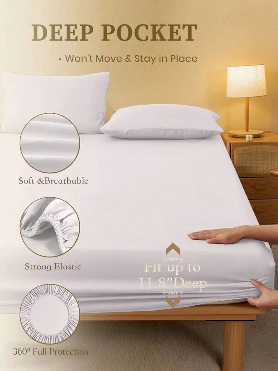 1pc Solid Color Fitted Sheet, Mattress Protector, Mattress Cover For Bed, Soft And Breathable, Deep Pocket Up To 11.8 Inch - White