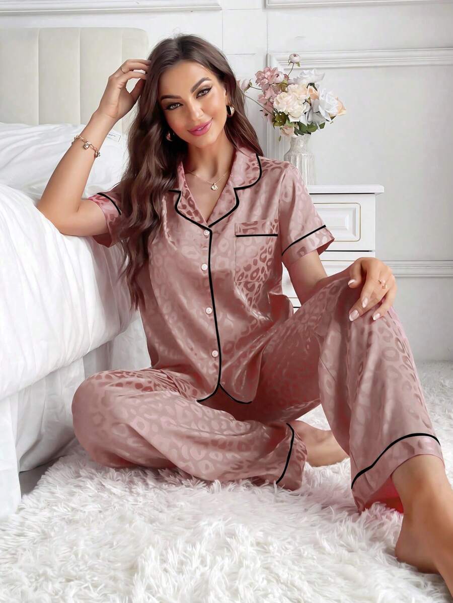 LuxeNights Casual Satin Pajamas With All Over Print And Lapel For Luxurious Lounging, Sleepwear Sets For Women, Leopard Print Pajama Set - Orange