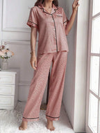 LuxeNights Casual Satin Pajamas With All Over Print And Lapel For Luxurious Lounging, Sleepwear Sets For Women, Leopard Print Pajama Set - Orange