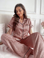 LuxeNights Casual Satin Pajamas With All Over Print And Lapel For Luxurious Lounging, Sleepwear Sets For Women, Leopard Print Pajama Set - Orange