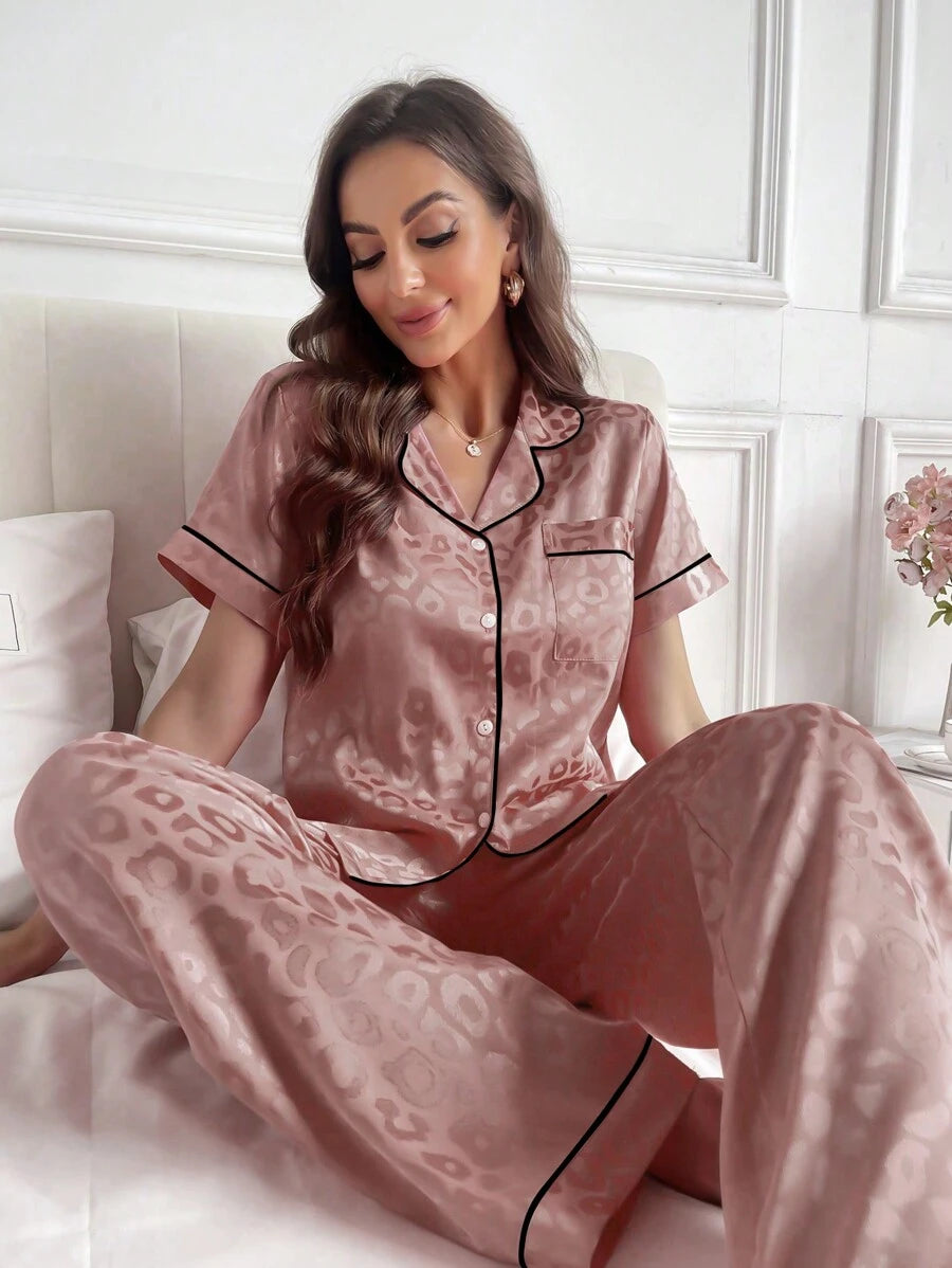 LuxeNights Casual Satin Pajamas With All Over Print And Lapel For Luxurious Lounging, Sleepwear Sets For Women, Leopard Print Pajama Set - Orange