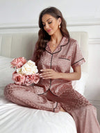 LuxeNights Casual Satin Pajamas With All Over Print And Lapel For Luxurious Lounging, Sleepwear Sets For Women, Leopard Print Pajama Set - Orange