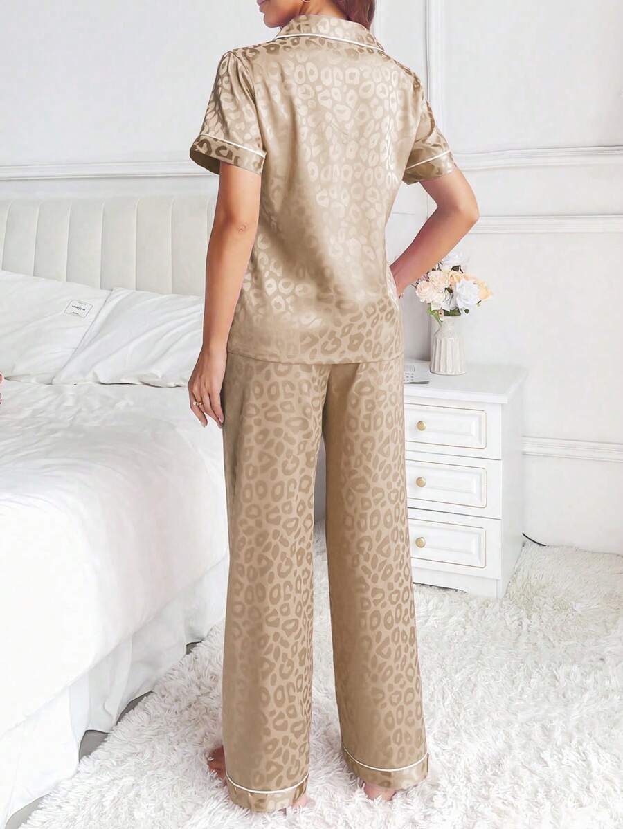 LuxeNights Casual Satin Pajamas With All Over Print And Lapel For Luxurious Lounging, Sleepwear Sets For Women, Leopard Print Pajama Set - Champagne
