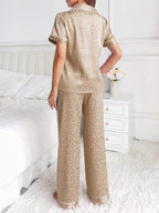 LuxeNights Casual Satin Pajamas With All Over Print And Lapel For Luxurious Lounging, Sleepwear Sets For Women, Leopard Print Pajama Set - Champagne