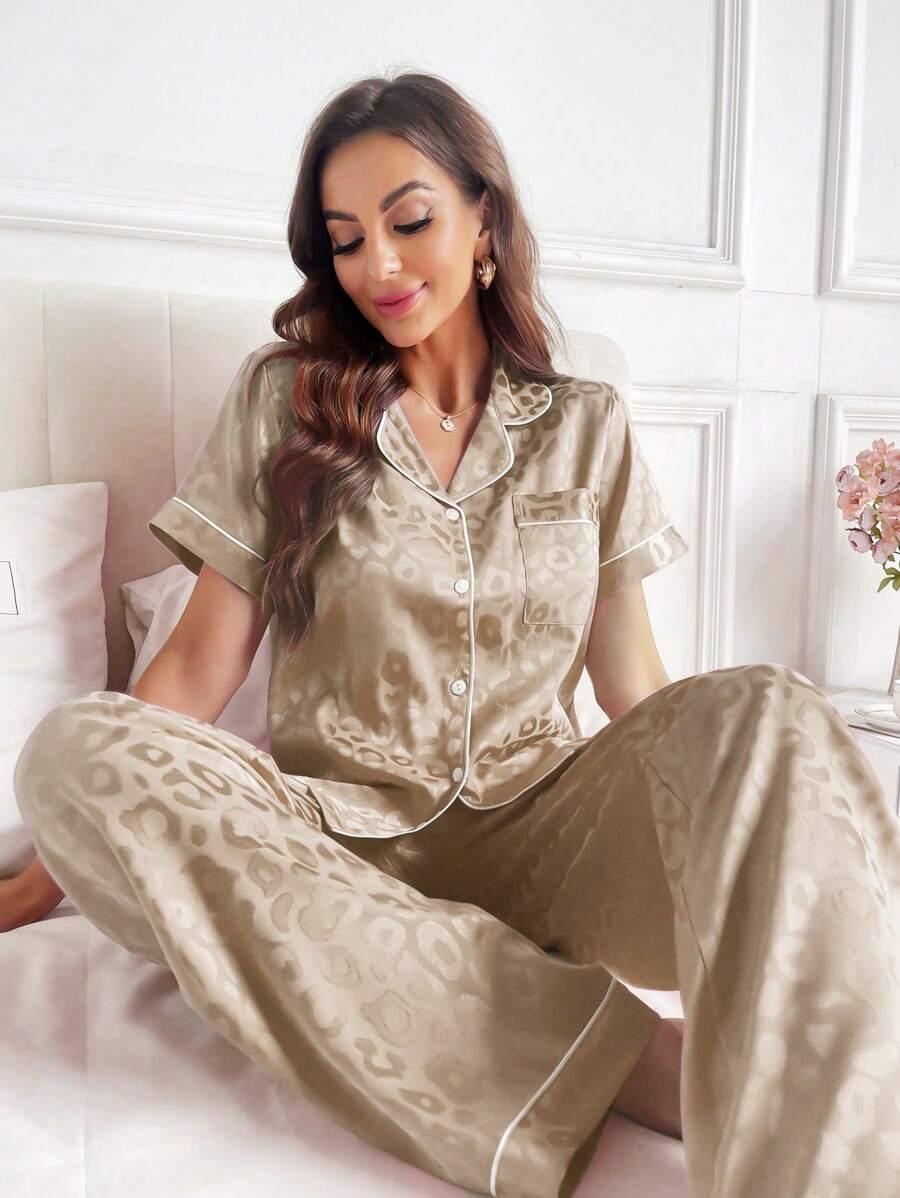LuxeNights Casual Satin Pajamas With All Over Print And Lapel For Luxurious Lounging, Sleepwear Sets For Women, Leopard Print Pajama Set - Champagne