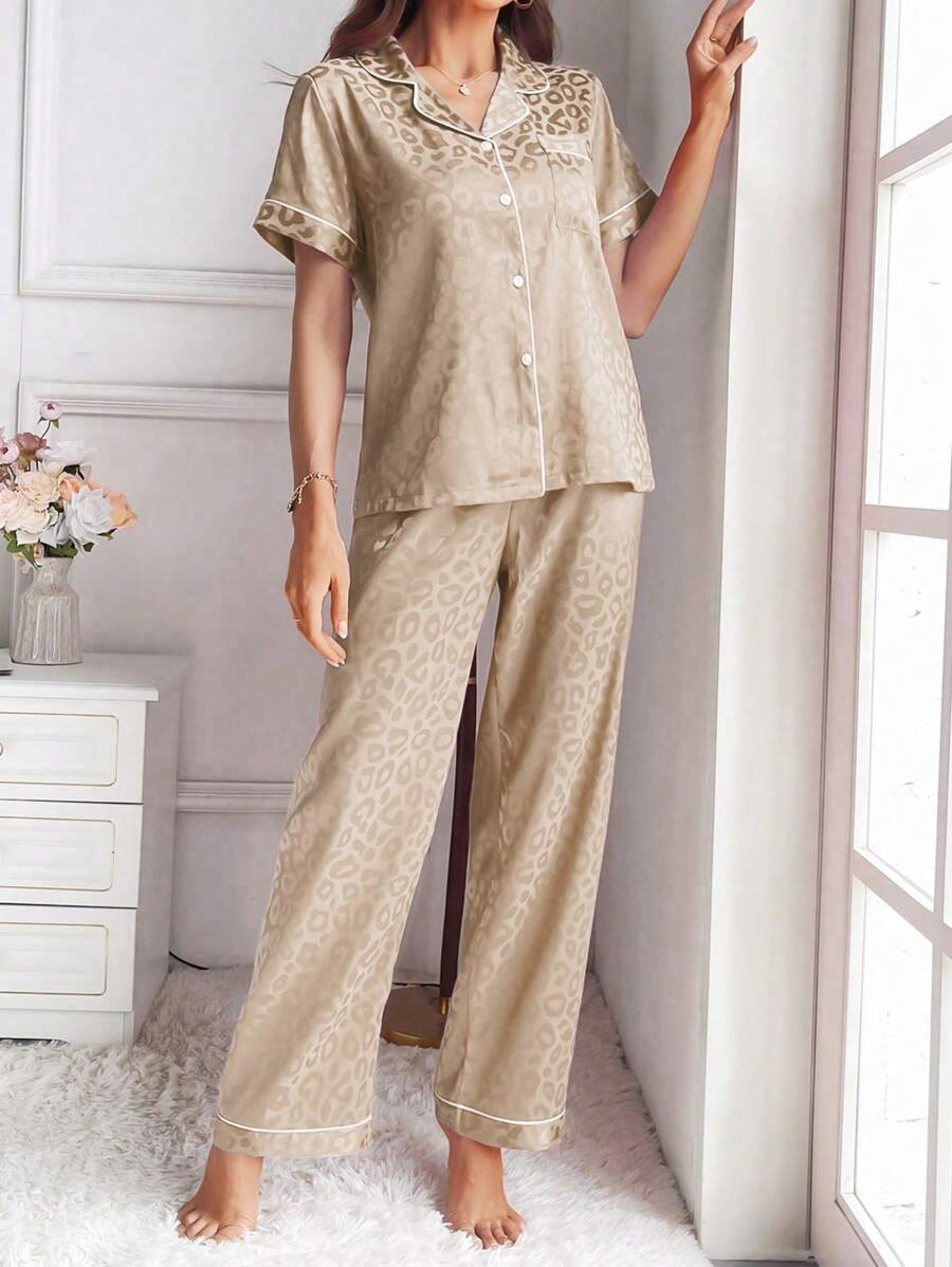 LuxeNights Casual Satin Pajamas With All Over Print And Lapel For Luxurious Lounging, Sleepwear Sets For Women, Leopard Print Pajama Set - Champagne