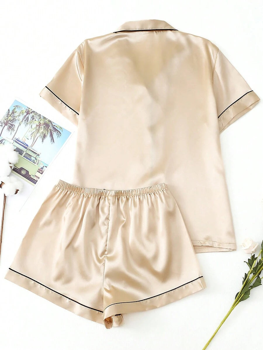 2pcs/Set Women's Satin Pajama Set With Short Sleeve Lapel Top And Bowknot Shorts, Sleepwear Loungewear - Yellow