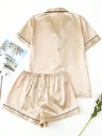 2pcs/Set Women's Satin Pajama Set With Short Sleeve Lapel Top And Bowknot Shorts, Sleepwear Loungewear - Yellow