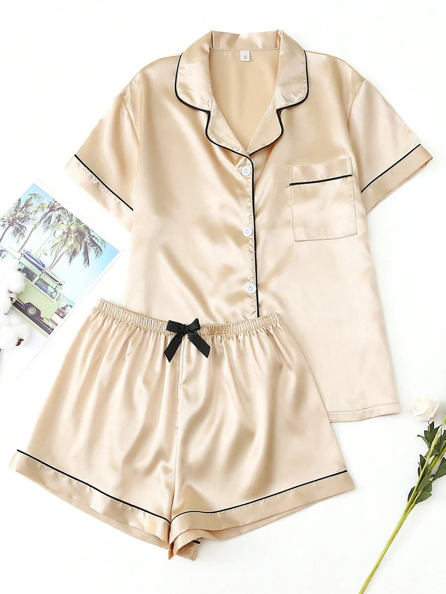 2pcs/Set Women's Satin Pajama Set With Short Sleeve Lapel Top And Bowknot Shorts, Sleepwear Loungewear - Yellow