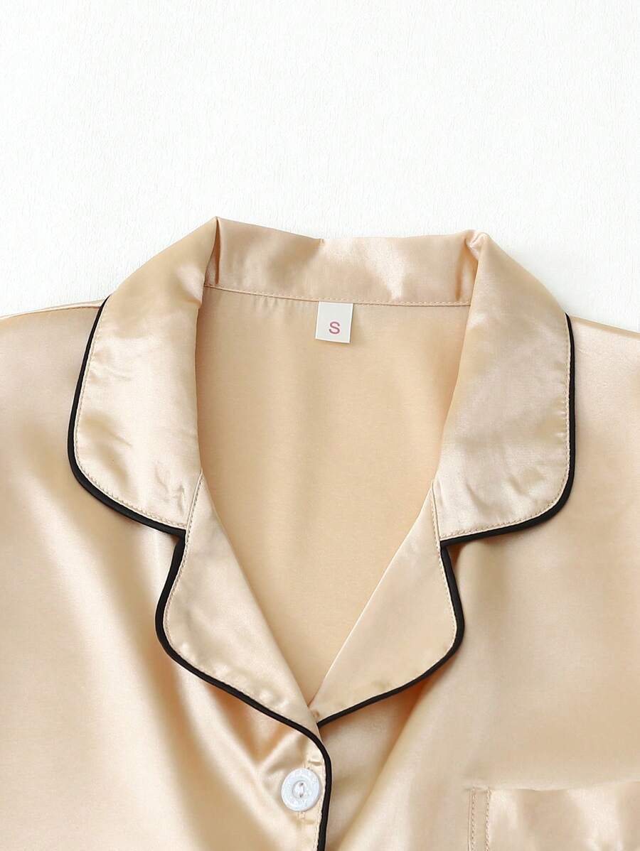 2pcs/Set Women's Satin Pajama Set With Short Sleeve Lapel Top And Bowknot Shorts, Sleepwear Loungewear - Yellow