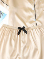 2pcs/Set Women's Satin Pajama Set With Short Sleeve Lapel Top And Bowknot Shorts, Sleepwear Loungewear - Yellow