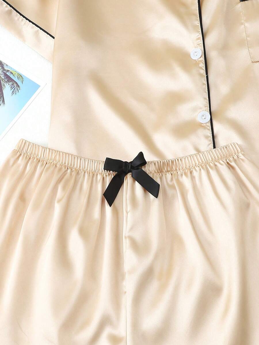 2pcs/Set Women's Satin Pajama Set With Short Sleeve Lapel Top And Bowknot Shorts, Sleepwear Loungewear - Yellow