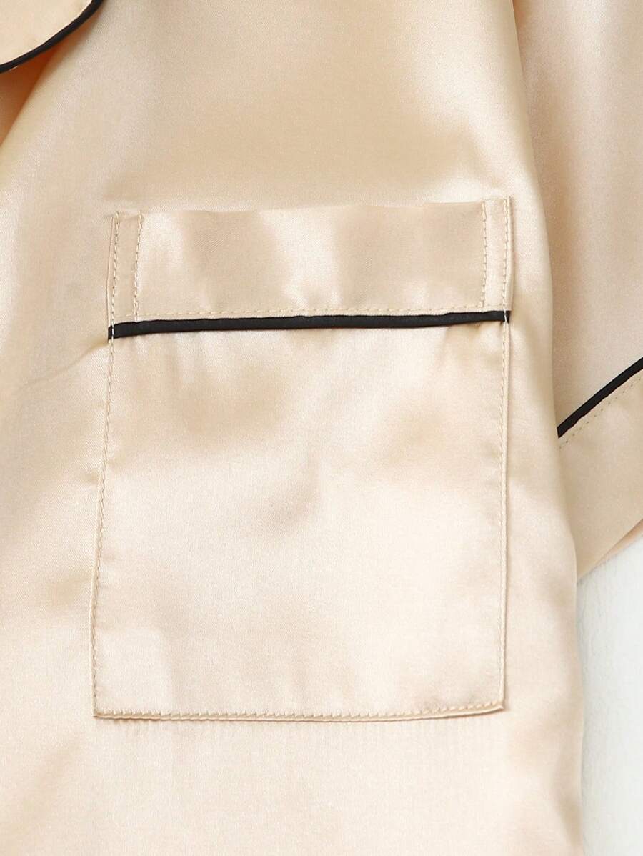 2pcs/Set Women's Satin Pajama Set With Short Sleeve Lapel Top And Bowknot Shorts, Sleepwear Loungewear - Yellow