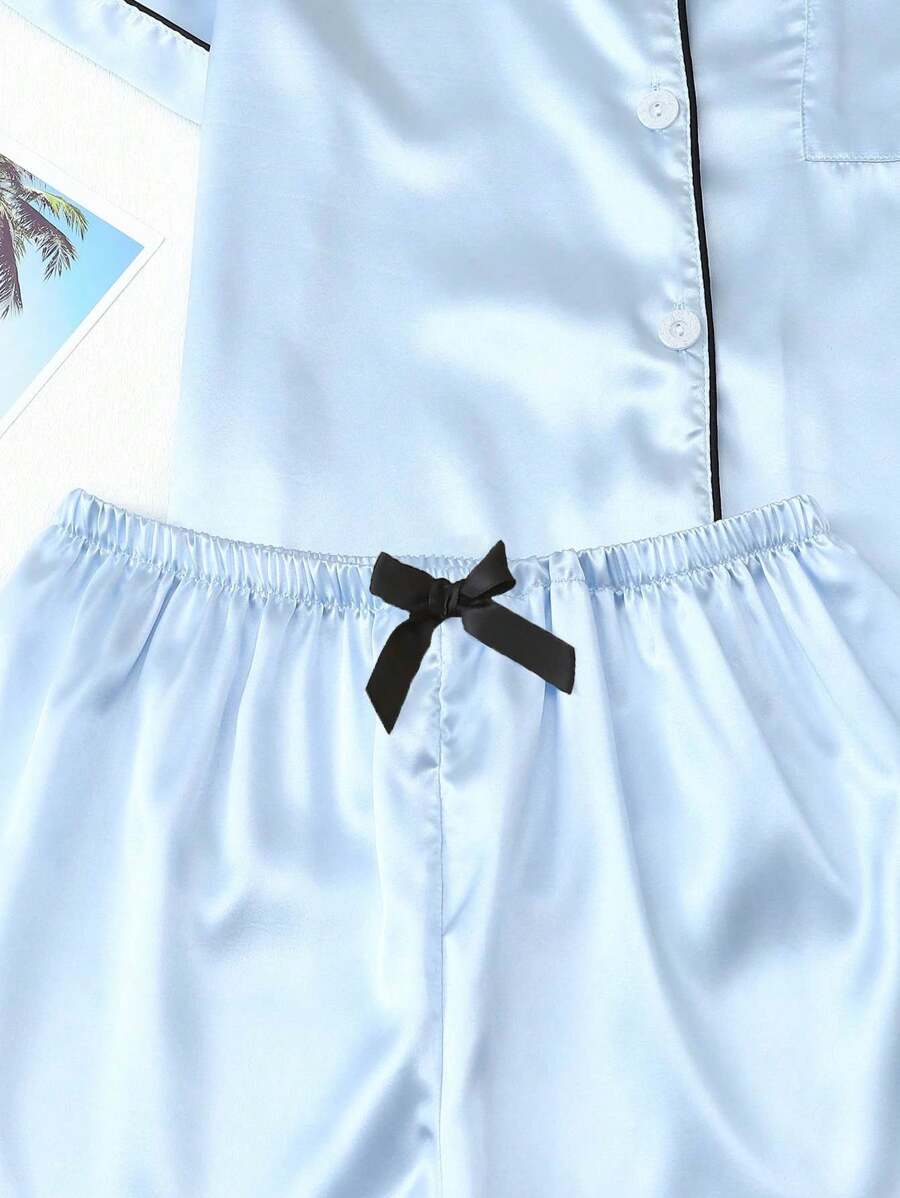 2pcs/Set Women's Satin Pajama Set With Short Sleeve Lapel Top And Bowknot Shorts, Sleepwear Loungewear - Baby Blue