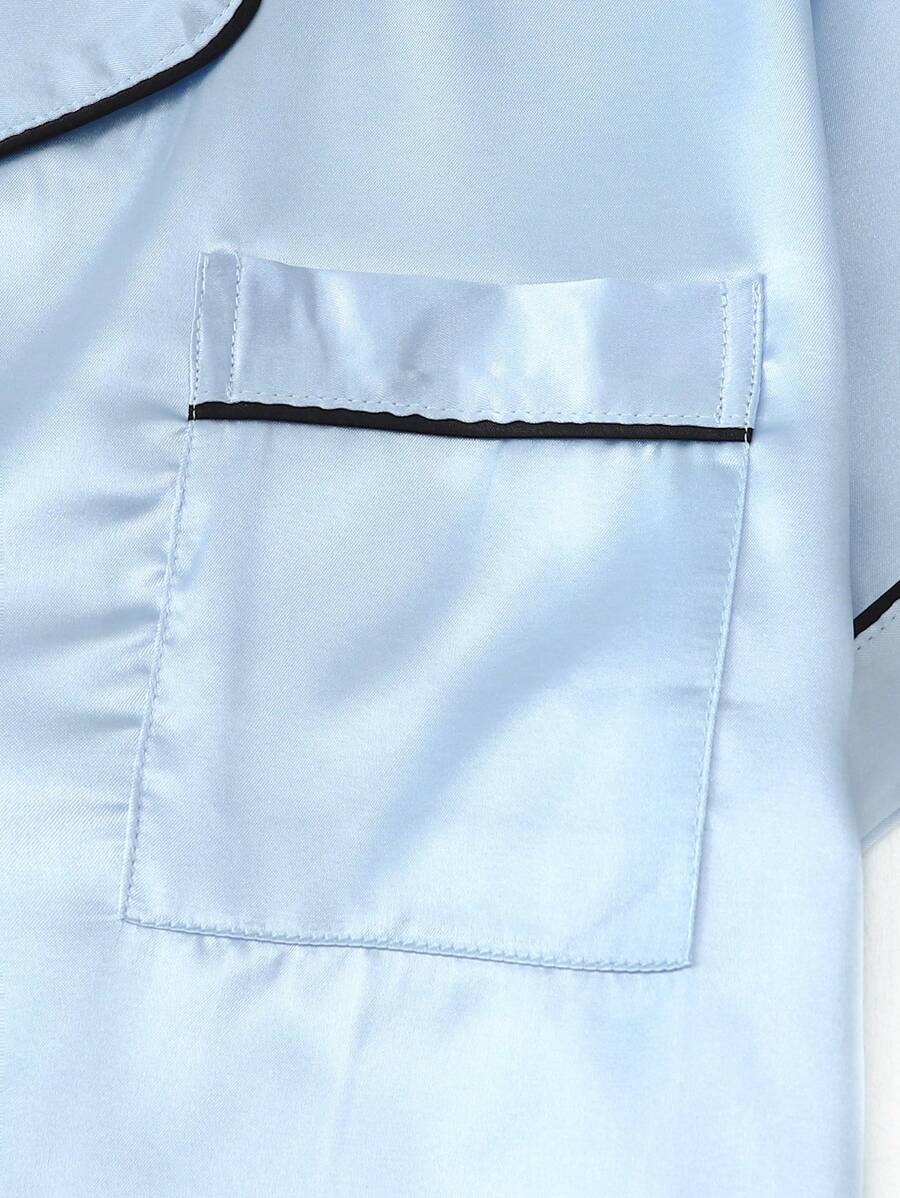 2pcs/Set Women's Satin Pajama Set With Short Sleeve Lapel Top And Bowknot Shorts, Sleepwear Loungewear - Baby Blue