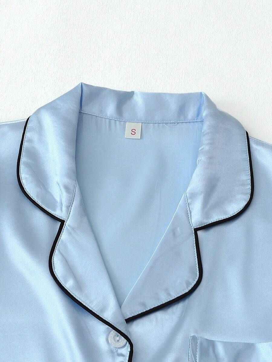 2pcs/Set Women's Satin Pajama Set With Short Sleeve Lapel Top And Bowknot Shorts, Sleepwear Loungewear - Baby Blue