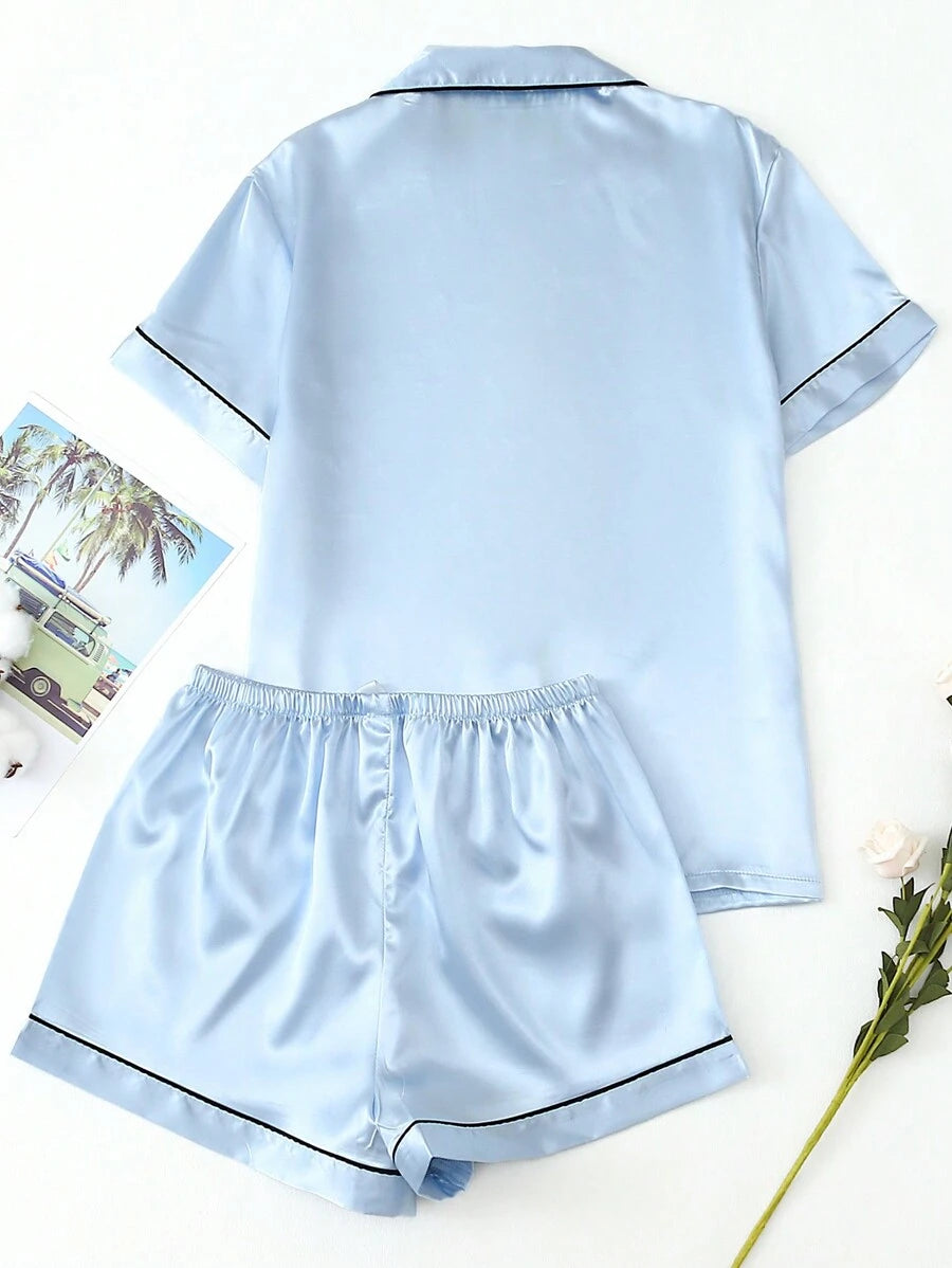 2pcs/Set Women's Satin Pajama Set With Short Sleeve Lapel Top And Bowknot Shorts, Sleepwear Loungewear - Baby Blue