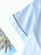 2pcs/Set Women's Satin Pajama Set With Short Sleeve Lapel Top And Bowknot Shorts, Sleepwear Loungewear - Baby Blue