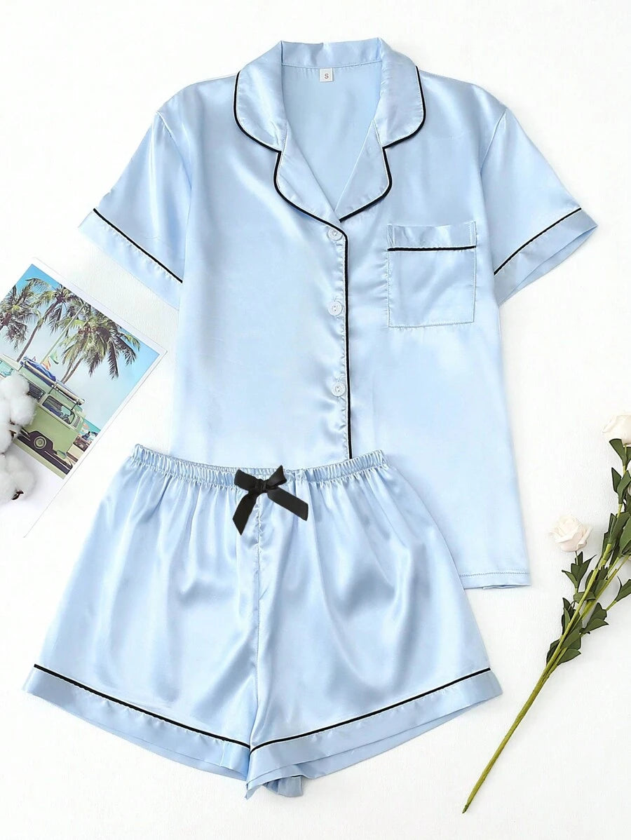 2pcs/Set Women's Satin Pajama Set With Short Sleeve Lapel Top And Bowknot Shorts, Sleepwear Loungewear - Baby Blue