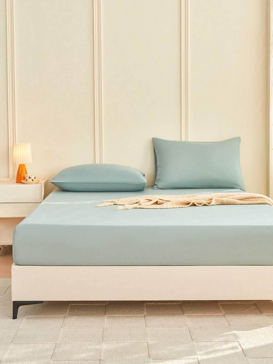 1pc Solid Color Fitted Sheet, Mattress Protector, Mattress Cover For Bed, Soft And Breathable, Deep Pocket Up To 11.8 Inch - Sage Green
