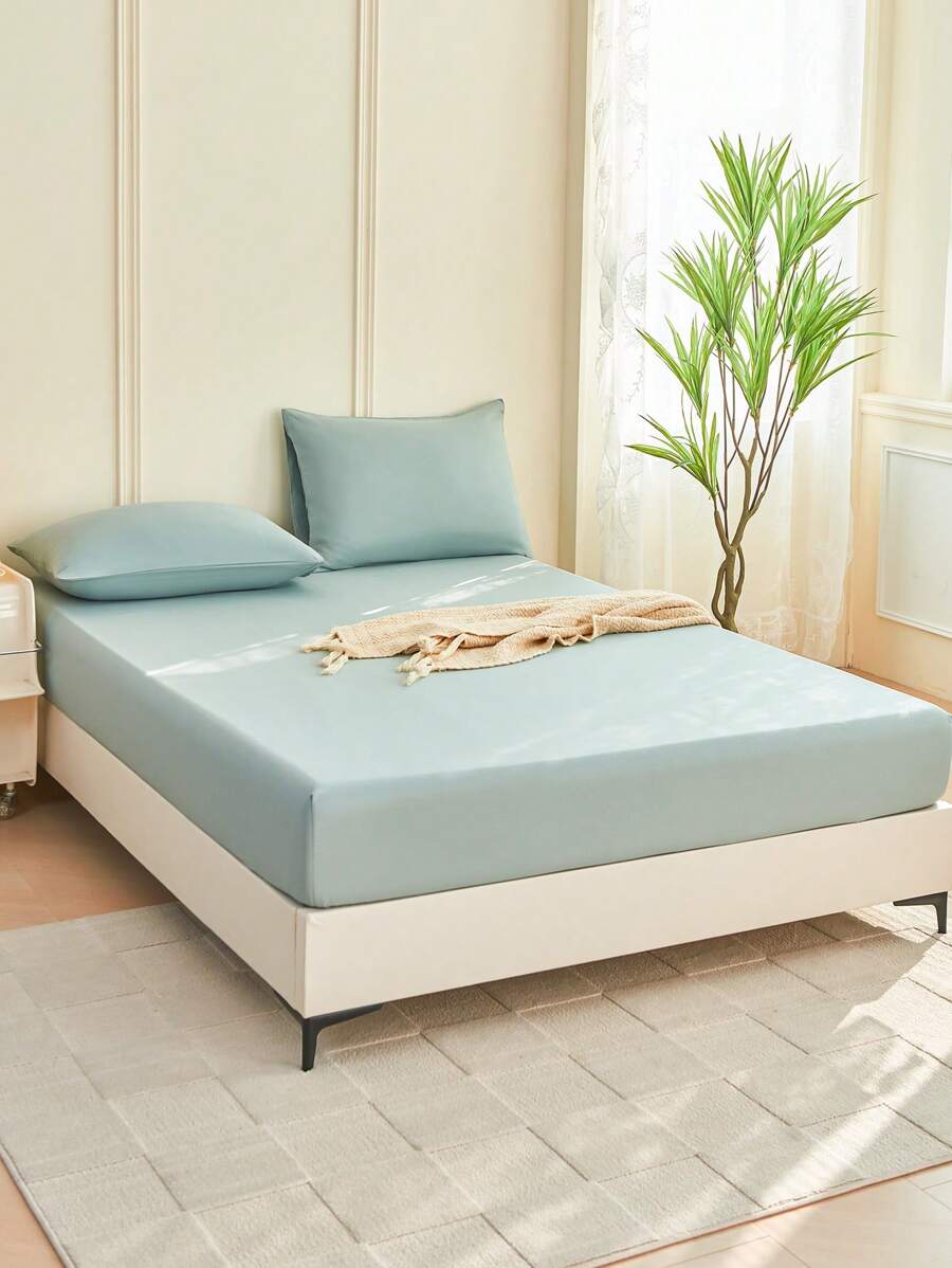 1pc Solid Color Fitted Sheet, Mattress Protector, Mattress Cover For Bed, Soft And Breathable, Deep Pocket Up To 11.8 Inch - Sage Green