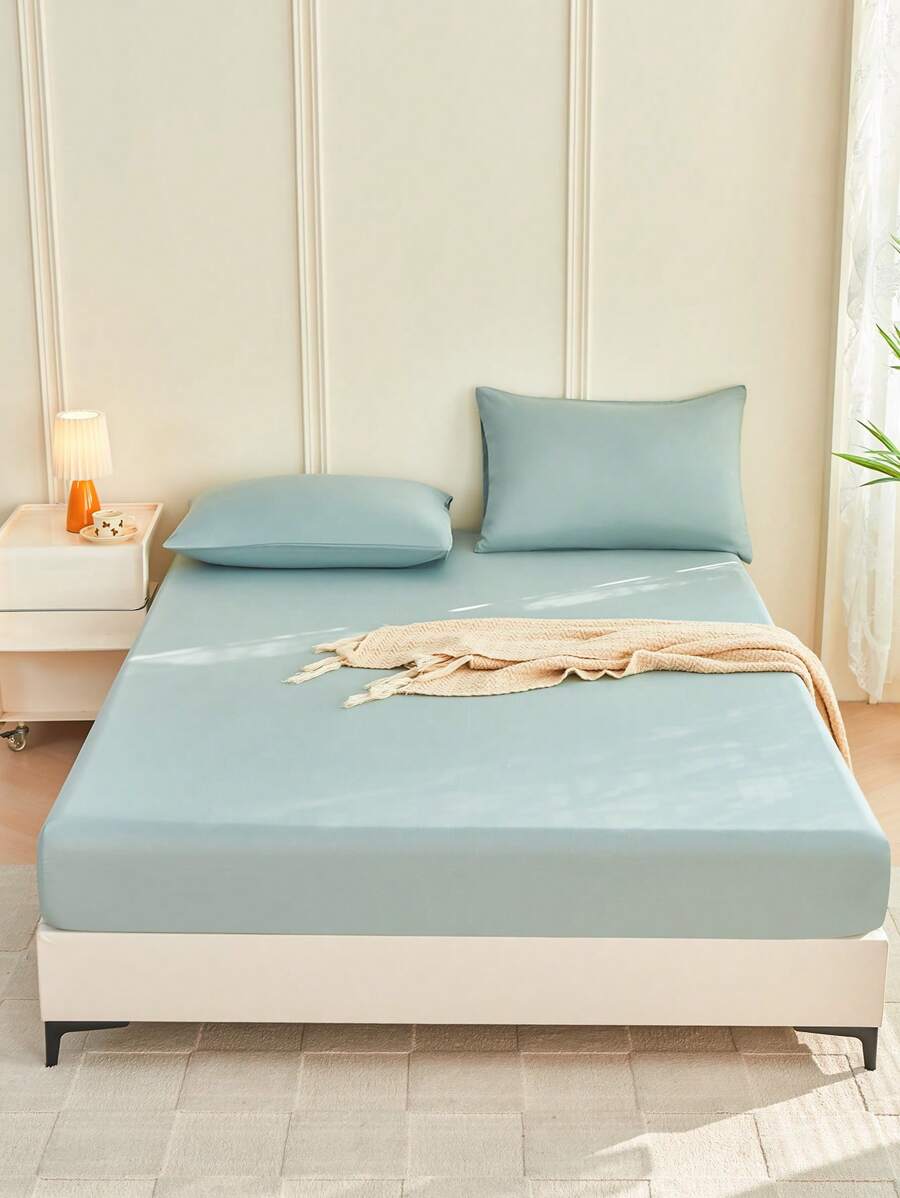 1pc Solid Color Fitted Sheet, Mattress Protector, Mattress Cover For Bed, Soft And Breathable, Deep Pocket Up To 11.8 Inch - Sage Green