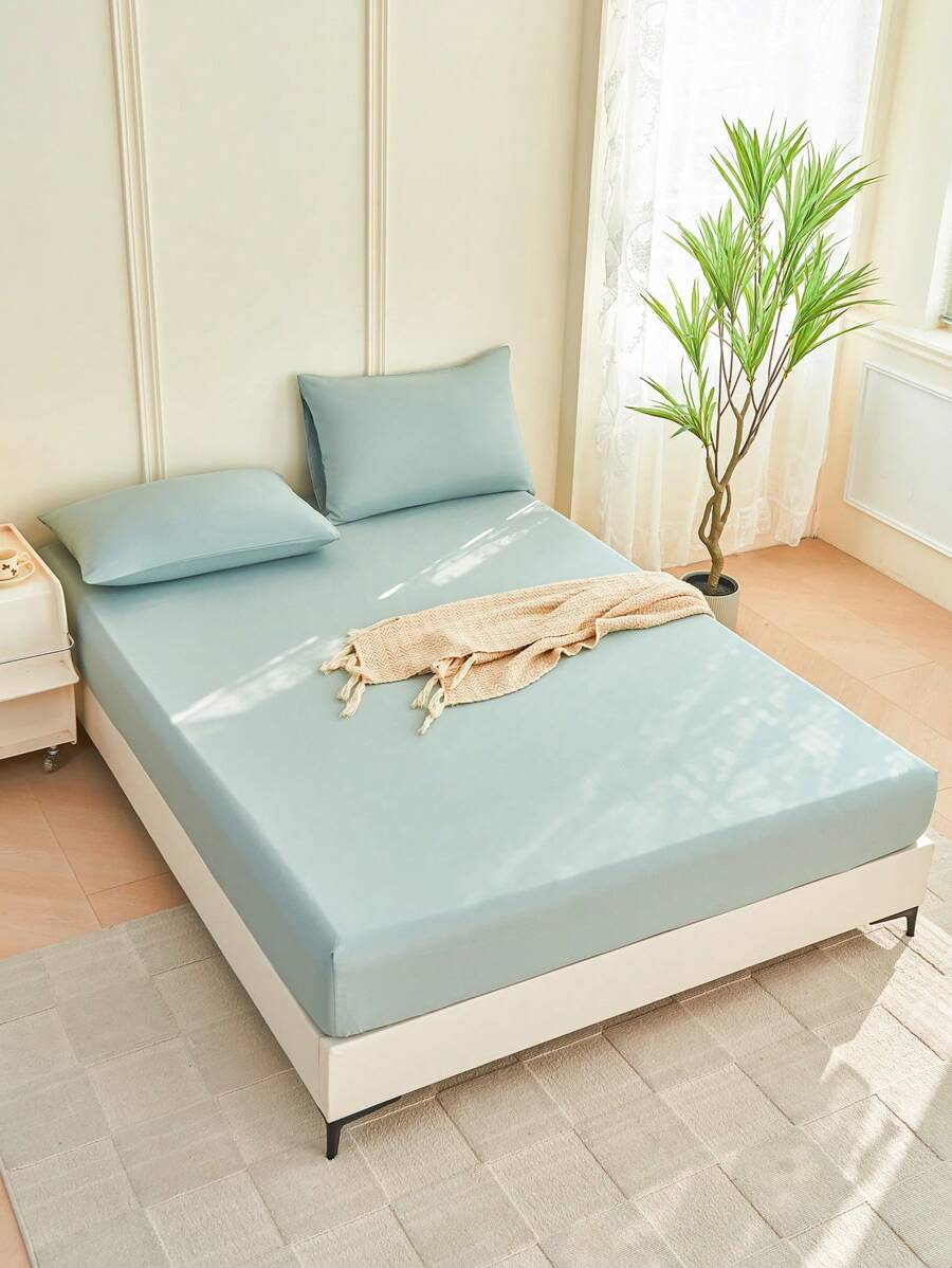 1pc Solid Color Fitted Sheet, Mattress Protector, Mattress Cover For Bed, Soft And Breathable, Deep Pocket Up To 11.8 Inch - Sage Green