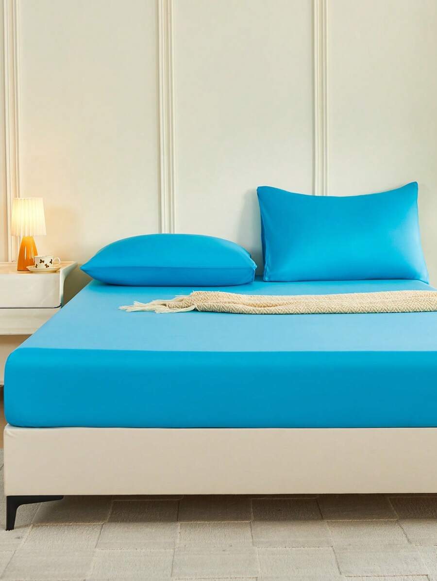 1pc Solid Color Fitted Sheet, Mattress Protector, Mattress Cover For Bed, Soft And Breathable, Deep Pocket Up To 11.8 Inch - Blue