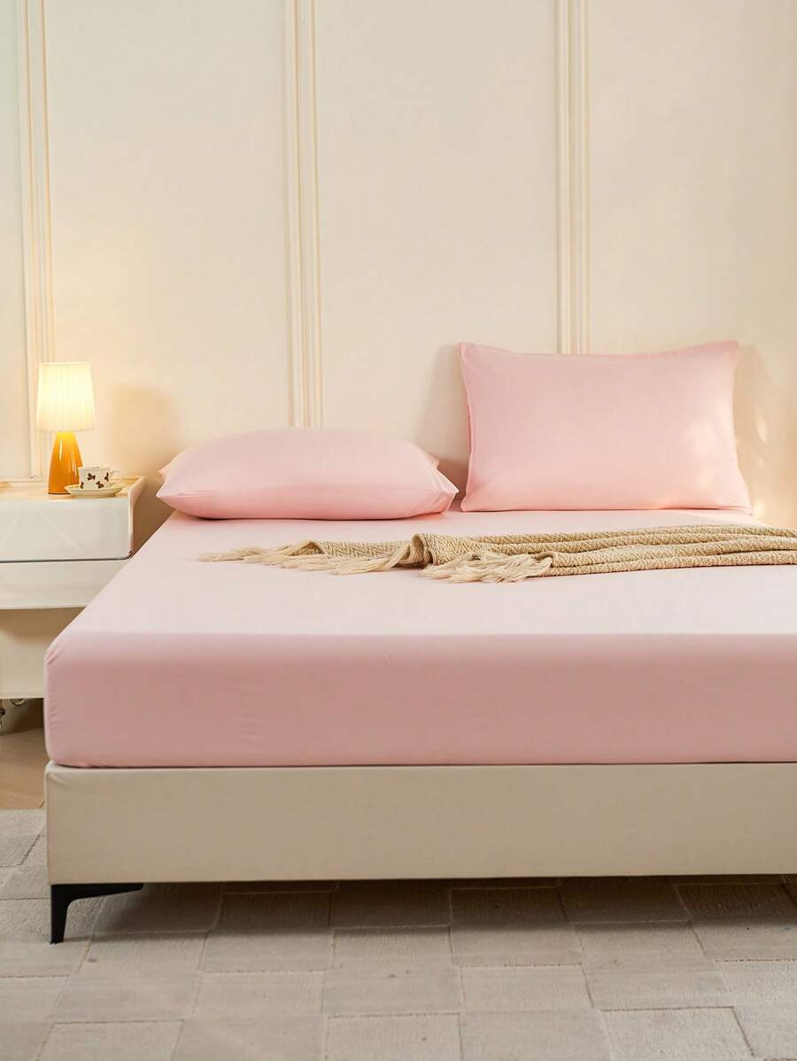 1pc Solid Color Fitted Sheet, Mattress Protector, Mattress Cover For Bed, Soft And Breathable, Deep Pocket Up To 11.8 Inch - Watermelon Pink