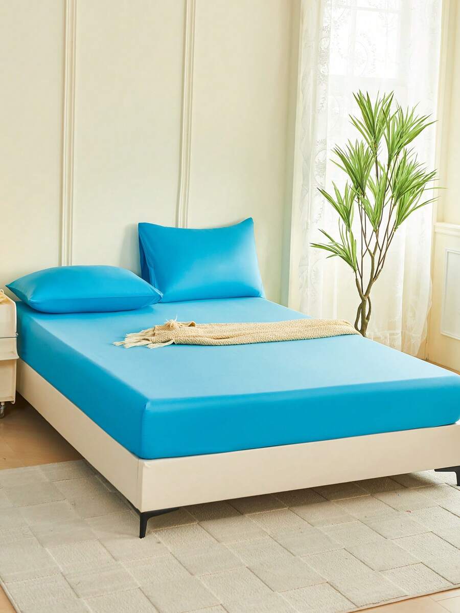 1pc Solid Color Fitted Sheet, Mattress Protector, Mattress Cover For Bed, Soft And Breathable, Deep Pocket Up To 11.8 Inch - Blue