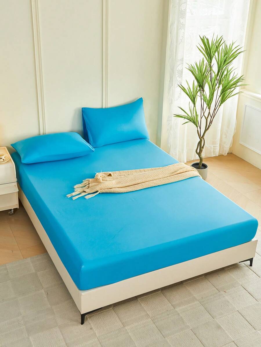 1pc Solid Color Fitted Sheet, Mattress Protector, Mattress Cover For Bed, Soft And Breathable, Deep Pocket Up To 11.8 Inch - Blue