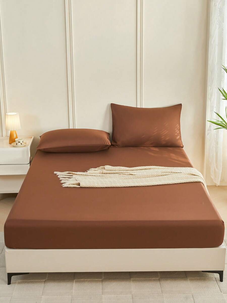 1pc Solid Color Fitted Sheet, Mattress Protector, Mattress Cover For Bed, Soft And Breathable, Deep Pocket Up To 11.8 Inch - Brown