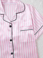 2pcs Women Pajama Set, Light Pink Striped Short Sleeve Shirt With Button Front And Elastic Waist Shorts - Baby Pink