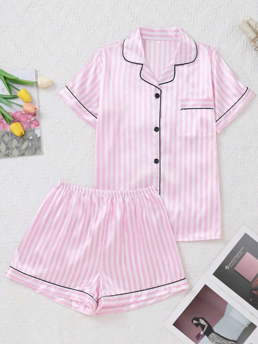 2pcs Women Pajama Set, Light Pink Striped Short Sleeve Shirt With Button Front And Elastic Waist Shorts - Baby Pink