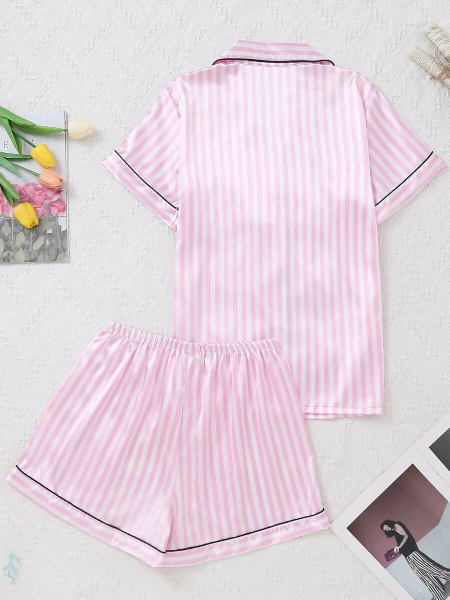2pcs Women Pajama Set, Light Pink Striped Short Sleeve Shirt With Button Front And Elastic Waist Shorts - Baby Pink